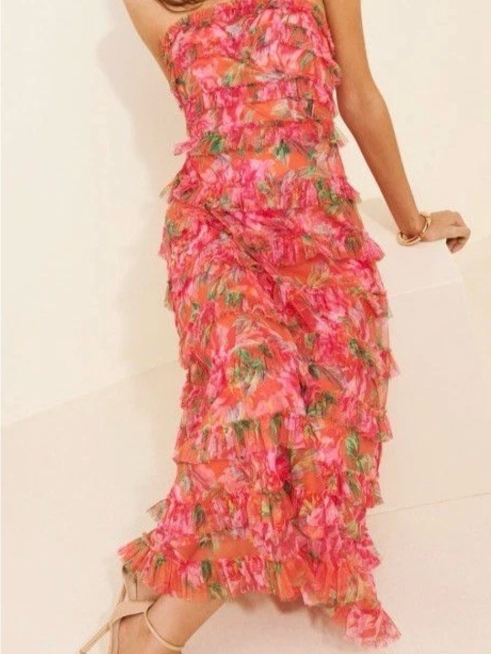 Mac Duggal Strapless Floral Tiered Ruffle Maxi Dress in Coral and Pink - Picture 4 of 16